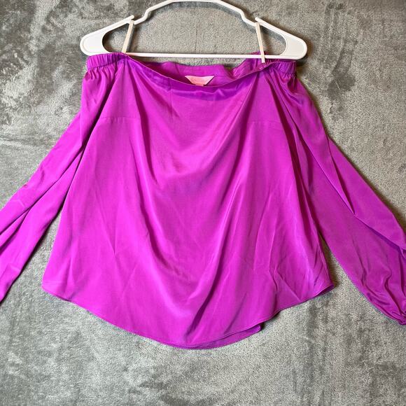 Lilly Pulitzer Adira 100% Silk Off The Shoulder Long Sleeve Top Purple Blouse XS - Picture 2 of 6